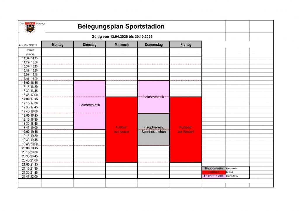 Belegungsplan Sportstadion.