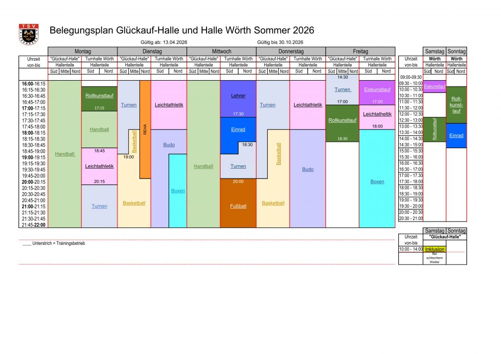 Hallen Belegungsplan Sommer 2026. Turnhalle Glückauf.