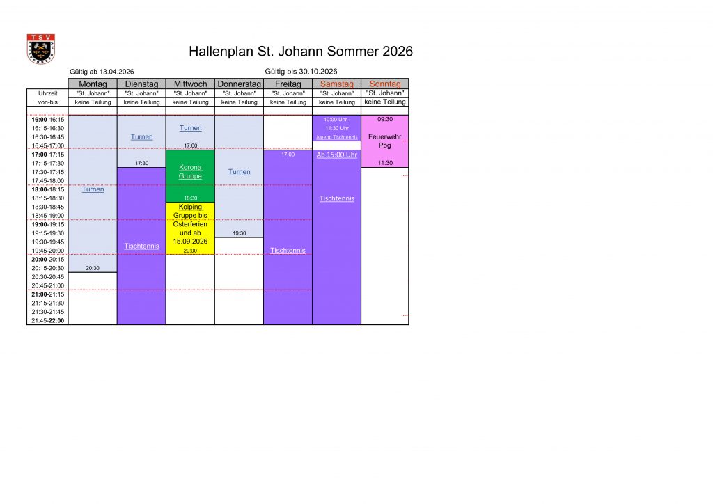 Hallen Belegungsplan Sommer 2026, Turnhalle Sankt Johann.