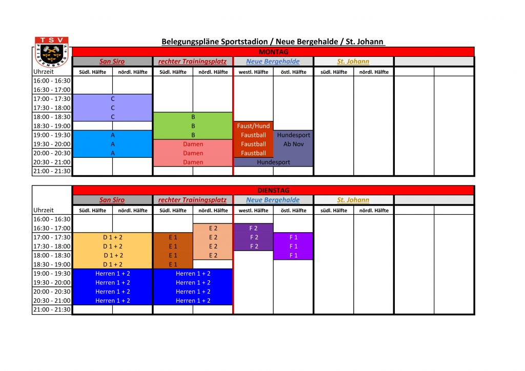 Belegungspläne Montag und Dienstag für das Sportstadion, neue Bergehalde, aussen Sankt Johann.