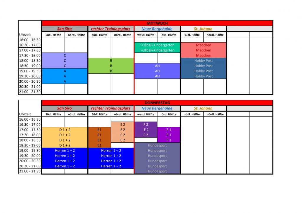 Belegungspläne Mittwoch und Donnerstag für das Sportstadion, neue Bergehalde, aussen Sankt Johann.