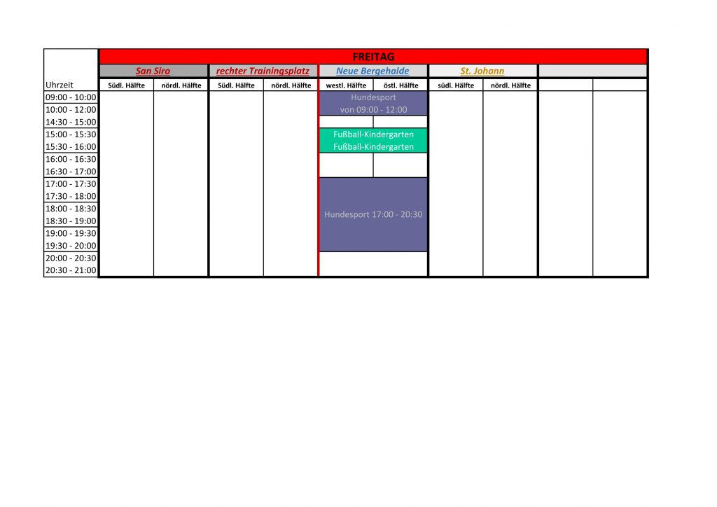 Belegungspläne Freitag für das Sportstadion, neue Bergehalde, aussen Sankt Johann.