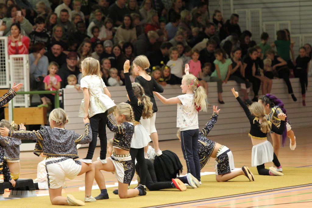 9 Foto vom Weihnachtsturnen in der Glückauf Turnhalle zeigt Gruppenbild mit Akrobatik Figuten von Teilnehmerinnen.